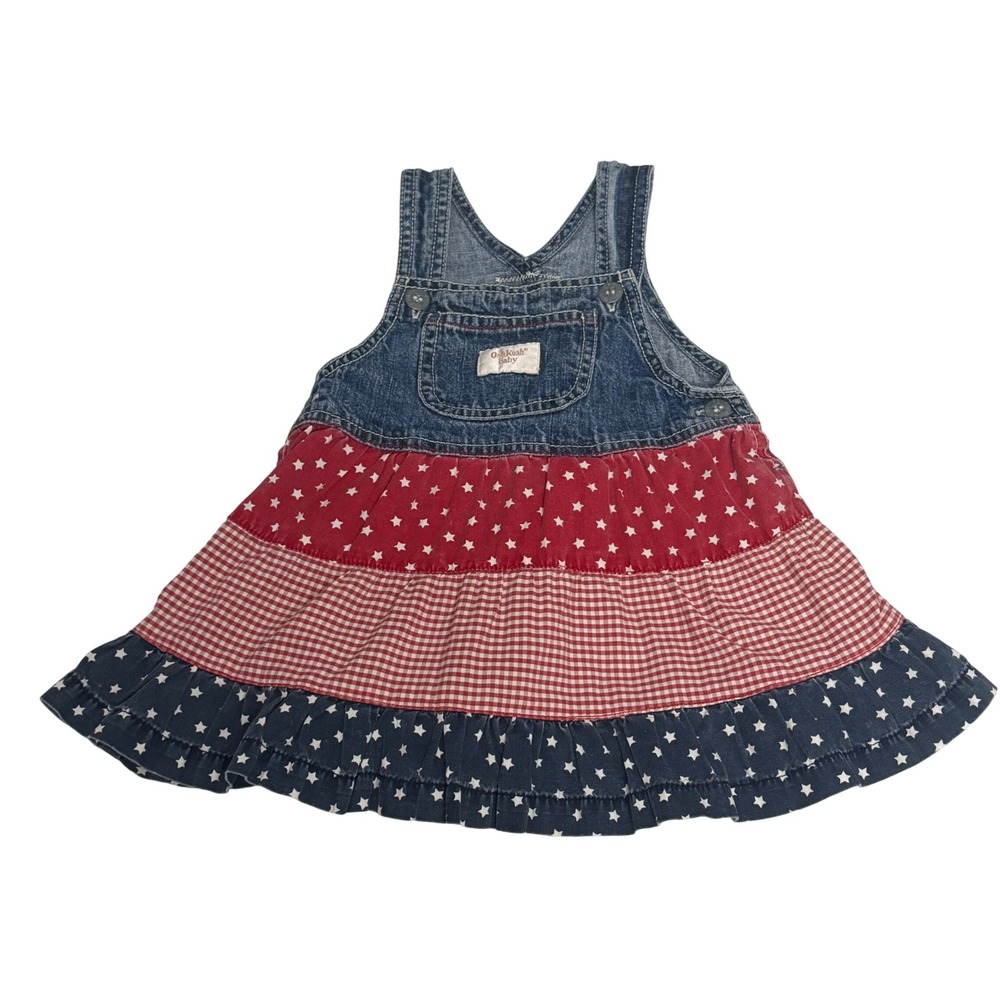 OshKosh Baby Girls Patriotic Denim Tiered Star Gingham Jumper Dress 3-6M Y2K‎